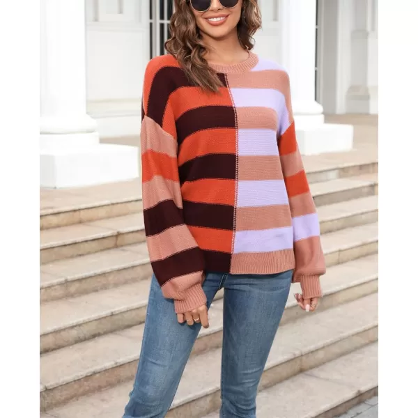 chouyatou Womens Casual Crew Neck Color Block Striped Patchwork Knitted Pullover Sweater TopsOrange Purple