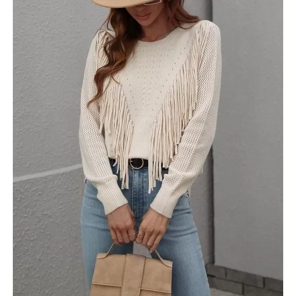 chouyatou Womens Casual Crewneck Fringe Tassel Knitted Pullover Sweater Jumper TopsApricot