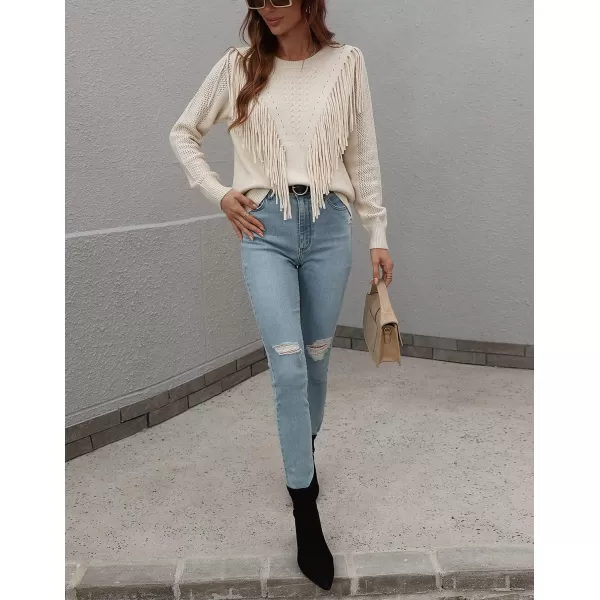 chouyatou Womens Casual Crewneck Fringe Tassel Knitted Pullover Sweater Jumper TopsApricot