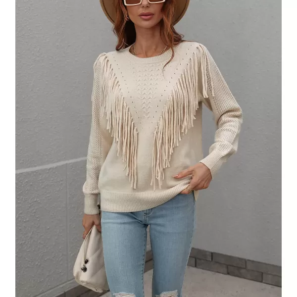 chouyatou Womens Casual Crewneck Fringe Tassel Knitted Pullover Sweater Jumper TopsApricot