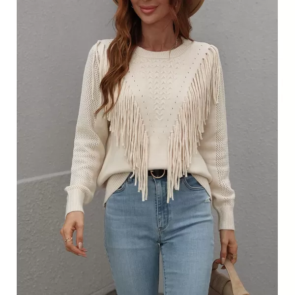 chouyatou Womens Casual Crewneck Fringe Tassel Knitted Pullover Sweater Jumper TopsApricot