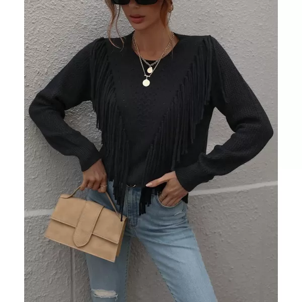 chouyatou Womens Casual Crewneck Fringe Tassel Knitted Pullover Sweater Jumper TopsBlack