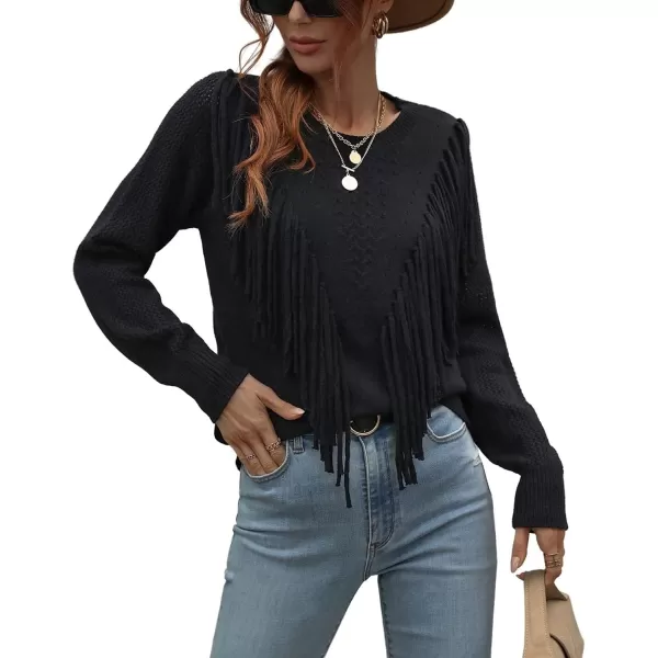 chouyatou Womens Casual Crewneck Fringe Tassel Knitted Pullover Sweater Jumper TopsBlack