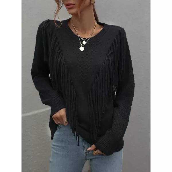 chouyatou Womens Casual Crewneck Fringe Tassel Knitted Pullover Sweater Jumper TopsBlack