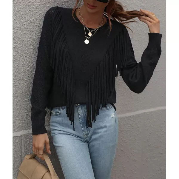 chouyatou Womens Casual Crewneck Fringe Tassel Knitted Pullover Sweater Jumper TopsBlack