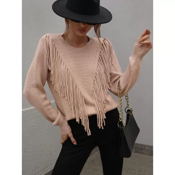 chouyatou Womens Casual Crewneck Fringe Tassel Knitted Pullover Sweater Jumper TopsKhaki