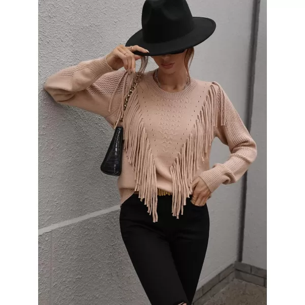 chouyatou Womens Casual Crewneck Fringe Tassel Knitted Pullover Sweater Jumper TopsKhaki