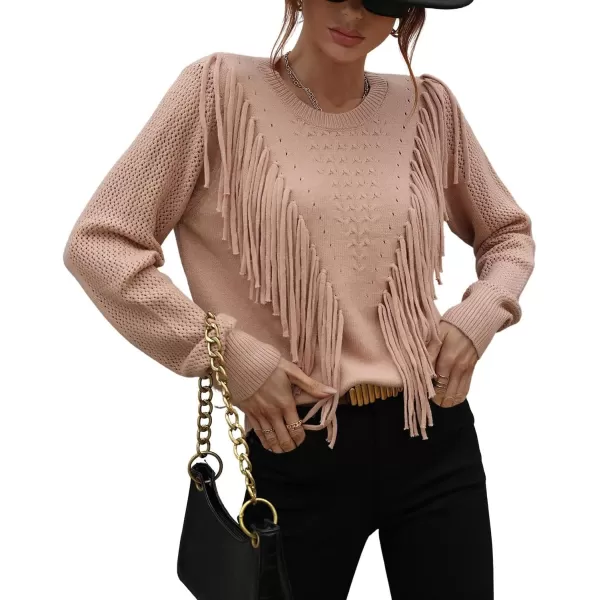 chouyatou Womens Casual Crewneck Fringe Tassel Knitted Pullover Sweater Jumper TopsKhaki
