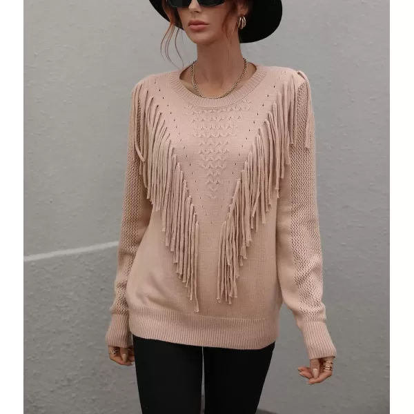 chouyatou Womens Casual Crewneck Fringe Tassel Knitted Pullover Sweater Jumper TopsKhaki