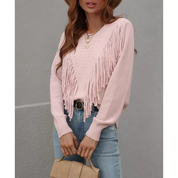 chouyatou Womens Casual Crewneck Fringe Tassel Knitted Pullover Sweater Jumper TopsPink