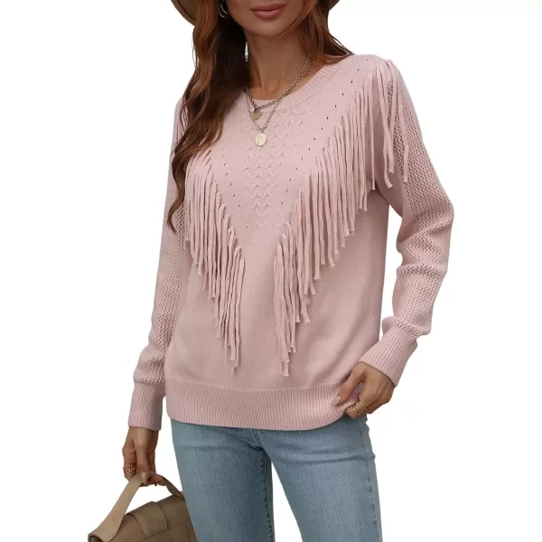chouyatou Womens Casual Crewneck Fringe Tassel Knitted Pullover Sweater Jumper TopsPink