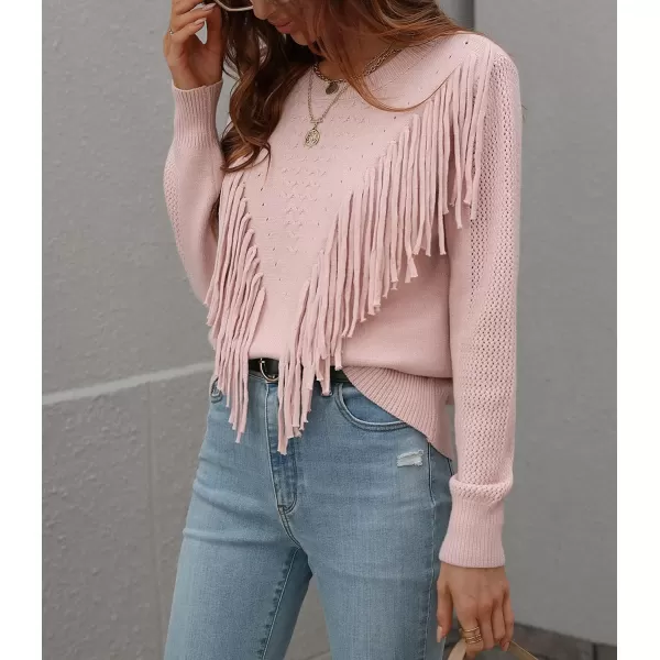 chouyatou Womens Casual Crewneck Fringe Tassel Knitted Pullover Sweater Jumper TopsPink