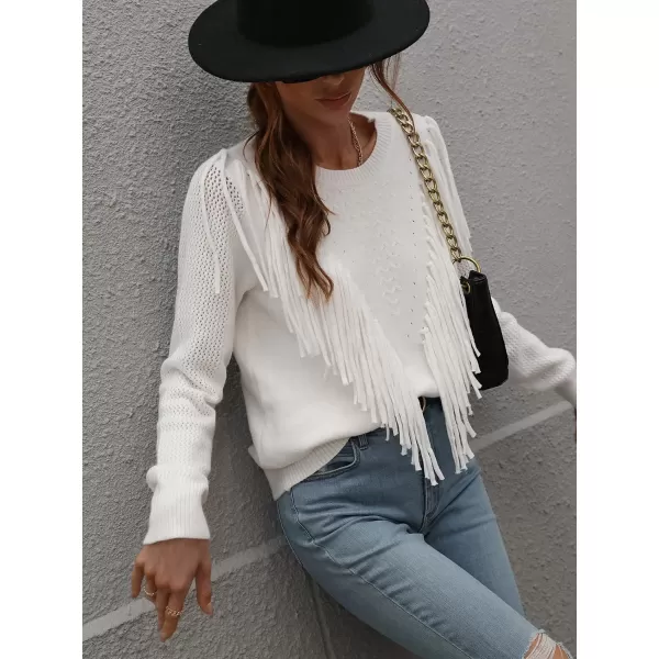 chouyatou Womens Casual Crewneck Fringe Tassel Knitted Pullover Sweater Jumper TopsWhite