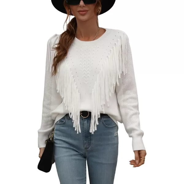 chouyatou Womens Casual Crewneck Fringe Tassel Knitted Pullover Sweater Jumper TopsWhite