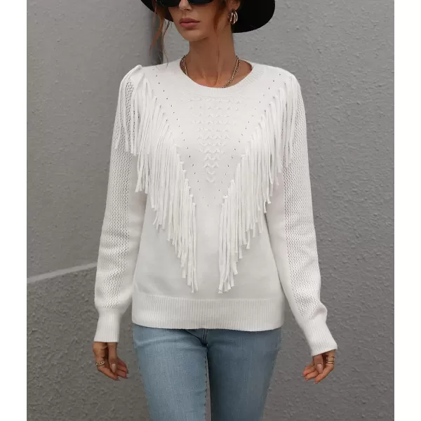 chouyatou Womens Casual Crewneck Fringe Tassel Knitted Pullover Sweater Jumper TopsWhite