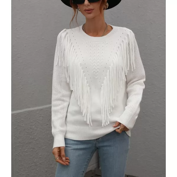 chouyatou Womens Casual Crewneck Fringe Tassel Knitted Pullover Sweater Jumper TopsWhite
