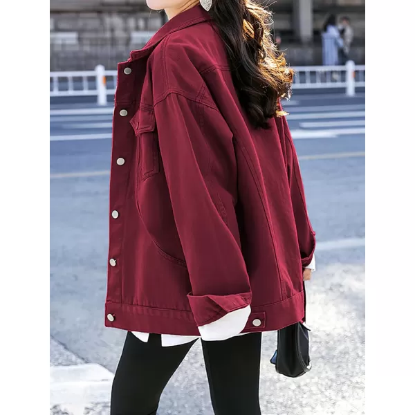 chouyatou Womens Casual Fall Button Down Denim Jacket Loose Military Utility Shacket Trucker Jean JacketBurgundy