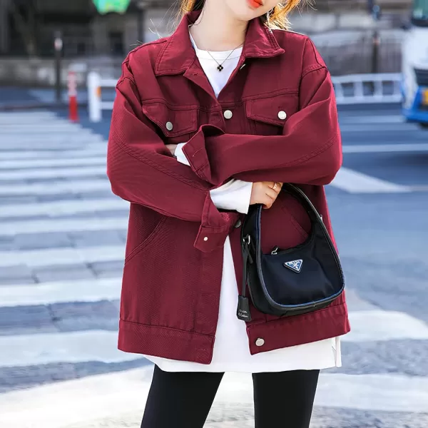 chouyatou Womens Casual Fall Button Down Denim Jacket Loose Military Utility Shacket Trucker Jean JacketBurgundy