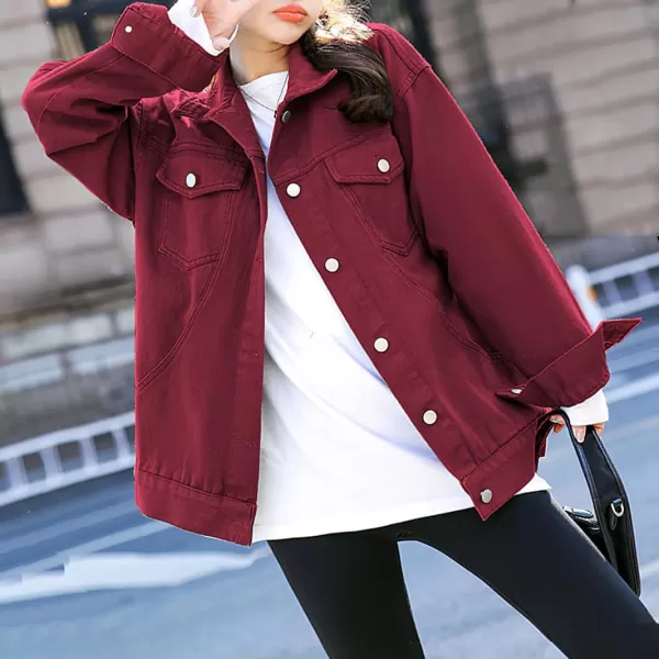 chouyatou Womens Casual Fall Button Down Denim Jacket Loose Military Utility Shacket Trucker Jean JacketBurgundy