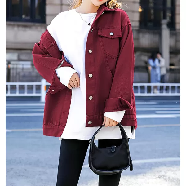 chouyatou Womens Casual Fall Button Down Denim Jacket Loose Military Utility Shacket Trucker Jean JacketBurgundy