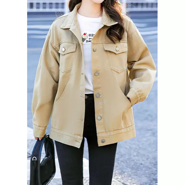 chouyatou Womens Casual Fall Button Down Denim Jacket Loose Military Utility Shacket Trucker Jean JacketKhaki