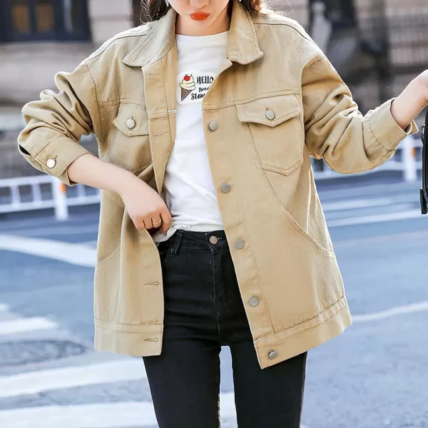 chouyatou Womens Casual Fall Button Down Denim Jacket Loose Military Utility Shacket Trucker Jean JacketKhaki
