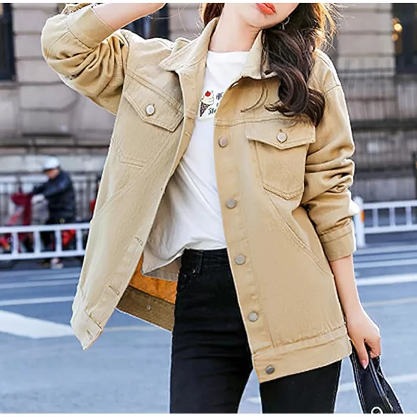 chouyatou Womens Casual Fall Button Down Denim Jacket Loose Military Utility Shacket Trucker Jean JacketKhaki