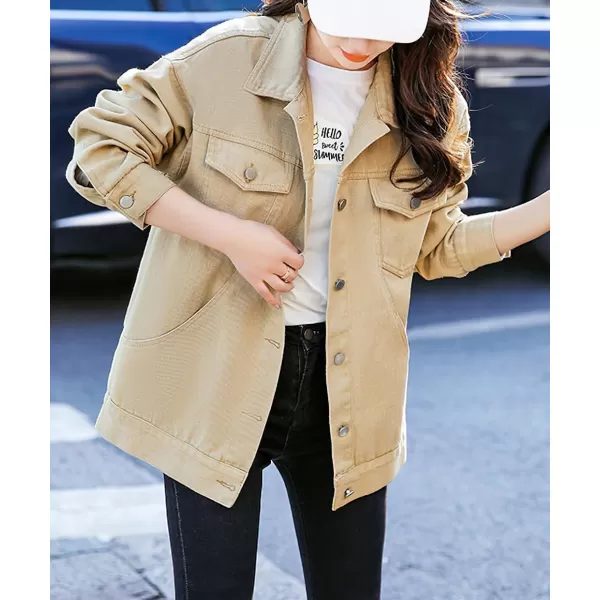 chouyatou Womens Casual Fall Button Down Denim Jacket Loose Military Utility Shacket Trucker Jean JacketKhaki