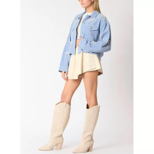 chouyatou Womens Corduroy Bowknot Pearl Cropped Corduroy Jacket Button Down Frayed Oversized Short Shacket JacketBlue