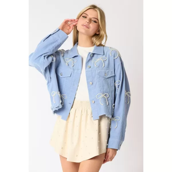 chouyatou Womens Corduroy Bowknot Pearl Cropped Corduroy Jacket Button Down Frayed Oversized Short Shacket JacketBlue