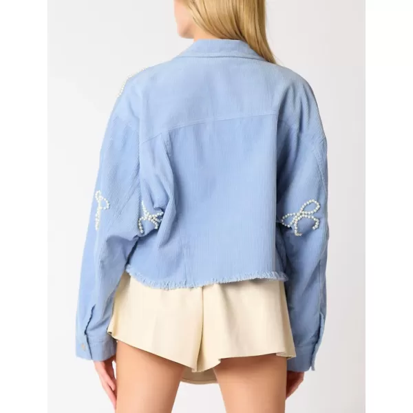 chouyatou Womens Corduroy Bowknot Pearl Cropped Corduroy Jacket Button Down Frayed Oversized Short Shacket JacketBlue