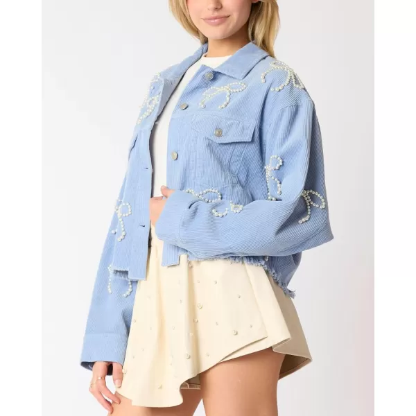 chouyatou Womens Corduroy Bowknot Pearl Cropped Corduroy Jacket Button Down Frayed Oversized Short Shacket JacketBlue