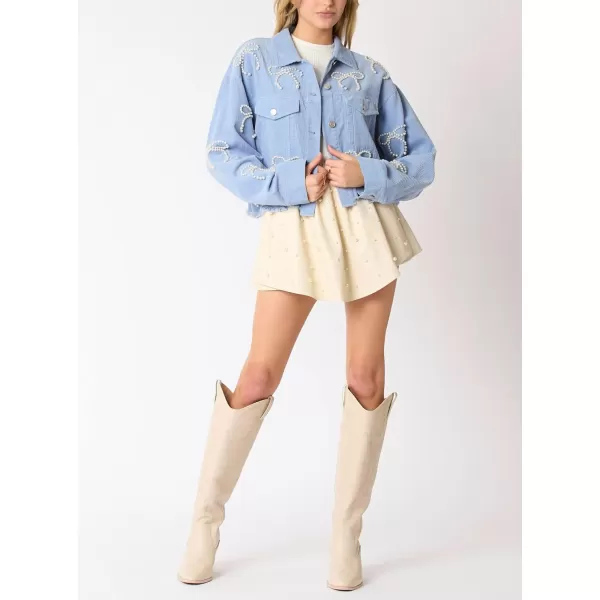 chouyatou Womens Corduroy Bowknot Pearl Cropped Corduroy Jacket Button Down Frayed Oversized Short Shacket JacketBlue