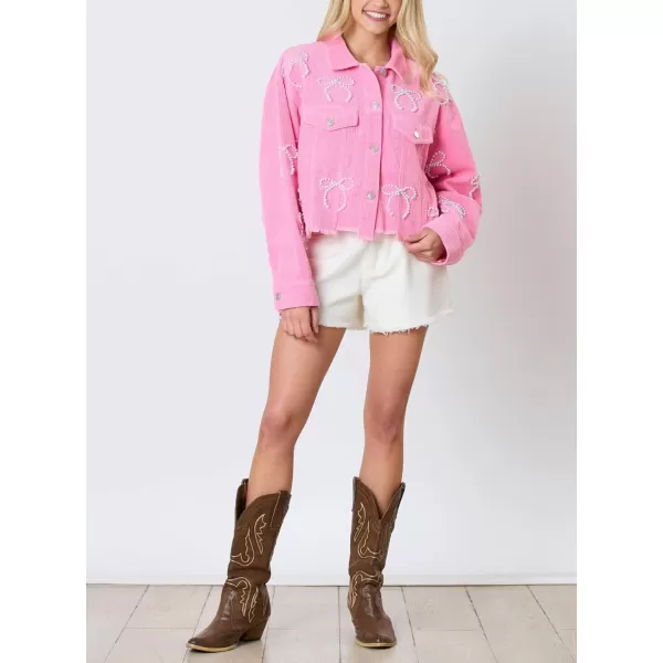 chouyatou Womens Corduroy Bowknot Pearl Cropped Corduroy Jacket Button Down Frayed Oversized Short Shacket JacketPink