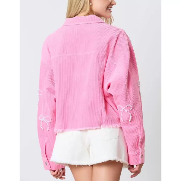 chouyatou Womens Corduroy Bowknot Pearl Cropped Corduroy Jacket Button Down Frayed Oversized Short Shacket JacketPink