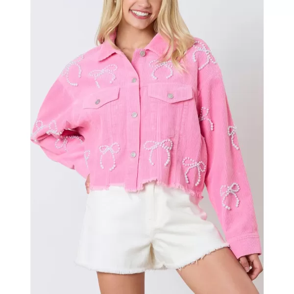 chouyatou Womens Corduroy Bowknot Pearl Cropped Corduroy Jacket Button Down Frayed Oversized Short Shacket JacketPink