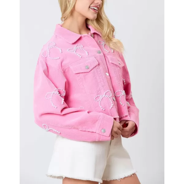 chouyatou Womens Corduroy Bowknot Pearl Cropped Corduroy Jacket Button Down Frayed Oversized Short Shacket JacketPink