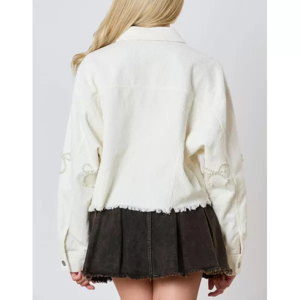 chouyatou Womens Corduroy Bowknot Pearl Cropped Corduroy Jacket Button Down Frayed Oversized Short Shacket JacketWhite
