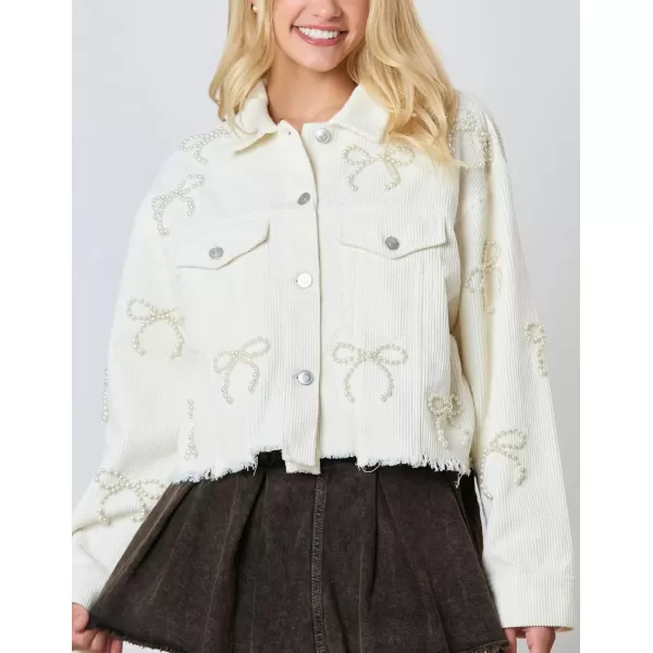 chouyatou Womens Corduroy Bowknot Pearl Cropped Corduroy Jacket Button Down Frayed Oversized Short Shacket JacketWhite