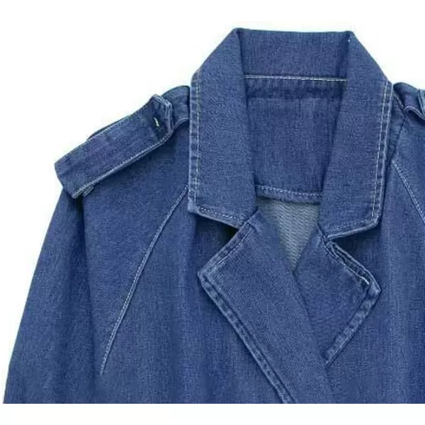 chouyatou Womens Fall Notch Lapel Button Down Frayed Denim Jacket Business Casual Short Jean Trench CoatDark Blue