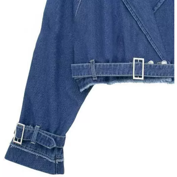 chouyatou Womens Fall Notch Lapel Button Down Frayed Denim Jacket Business Casual Short Jean Trench CoatDark Blue