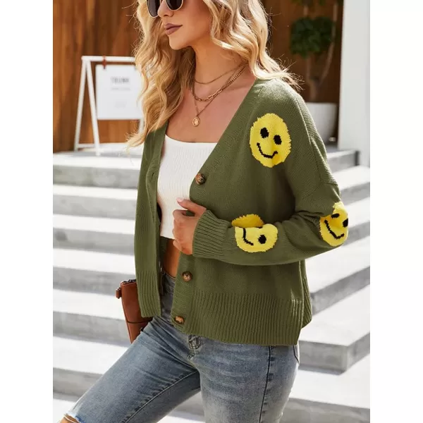 chouyatou Womens LooseFit Smile Face Jacquard Knitted Cardigan Sweater JacketArmy Green