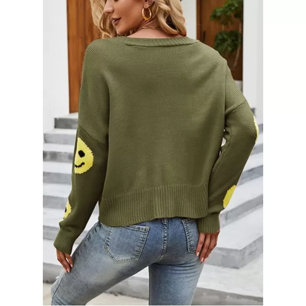 chouyatou Womens LooseFit Smile Face Jacquard Knitted Cardigan Sweater JacketArmy Green