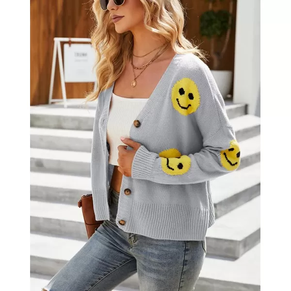 chouyatou Womens LooseFit Smile Face Jacquard Knitted Cardigan Sweater JacketGrey