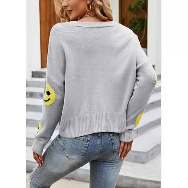 chouyatou Womens LooseFit Smile Face Jacquard Knitted Cardigan Sweater JacketGrey
