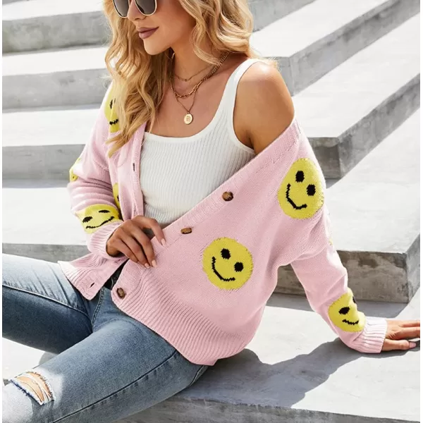 chouyatou Womens LooseFit Smile Face Jacquard Knitted Cardigan Sweater JacketPink