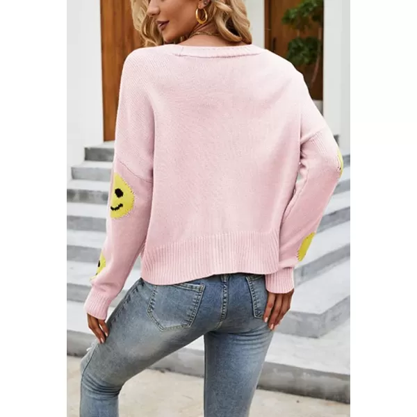 chouyatou Womens LooseFit Smile Face Jacquard Knitted Cardigan Sweater JacketPink