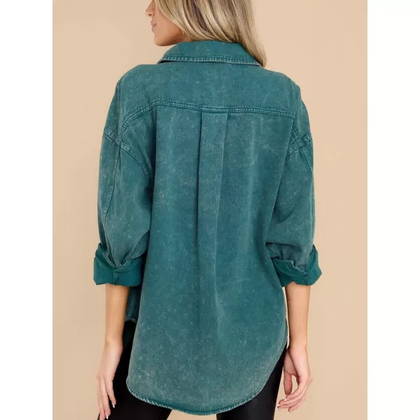 chouyatou Womens Oversized Shacket Jacket Long Sleeve Button Down Washed Denim Jean ShirtGreen