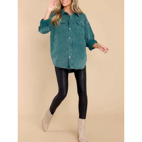 chouyatou Womens Oversized Shacket Jacket Long Sleeve Button Down Washed Denim Jean ShirtGreen