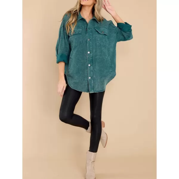 chouyatou Womens Oversized Shacket Jacket Long Sleeve Button Down Washed Denim Jean ShirtGreen